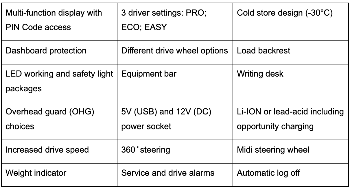 Optional extras of the LLS sit-on stacker truck