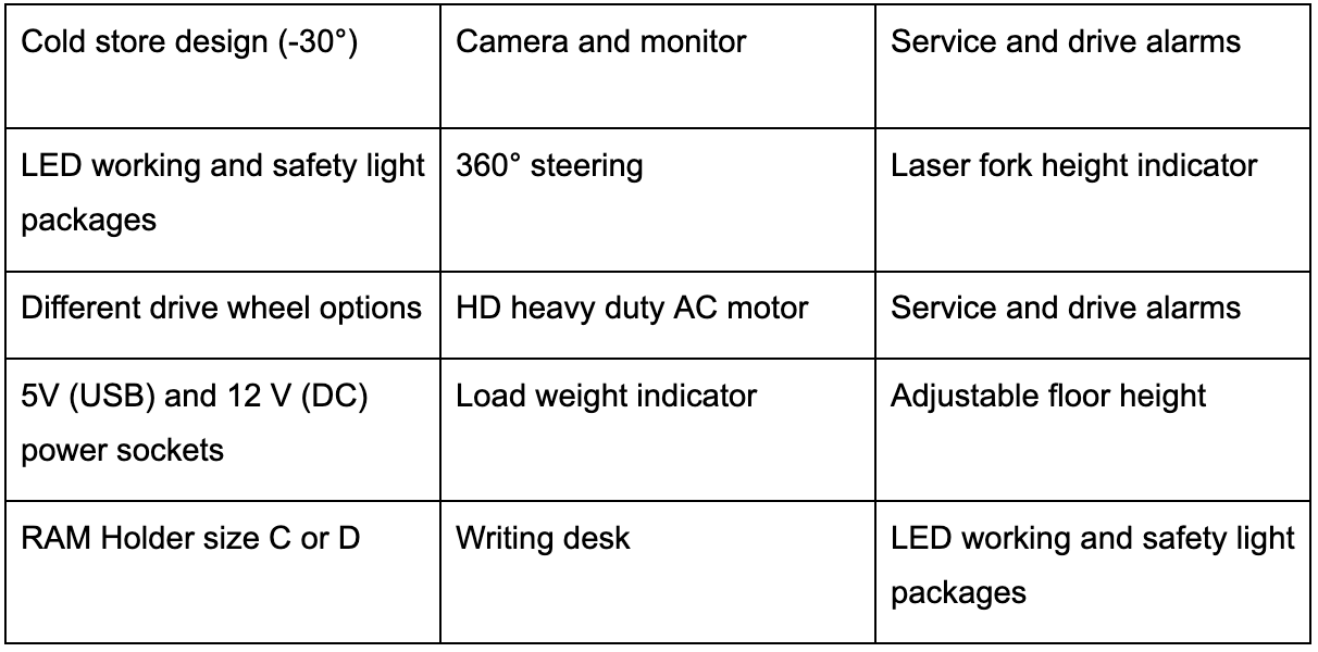 Optional extras of the SSO sit-on stacker truck